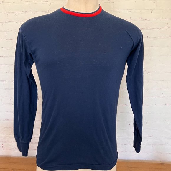 Vintage - Manhattan Mens Navy Long Sleeve Soft Stretch TShirt - Size Large - Picture 6 of 7